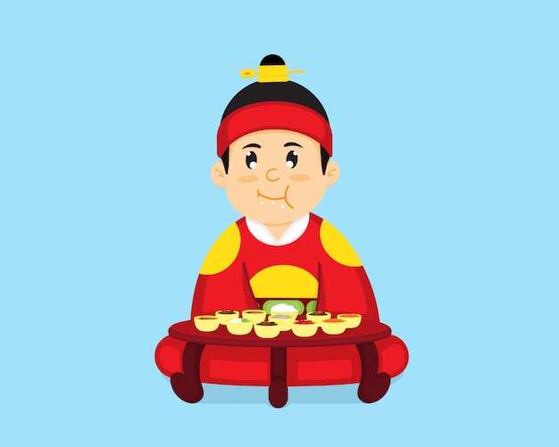 Le roi coréen est assis pour manger de la nourriture coréenne. Vecteur Premium