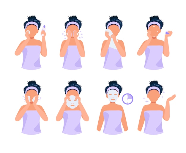 Routine de soins de la peau. illustration sertie de fille faisant différentes étapes, soins de la peau, routine de beauté. Vecteur Premium