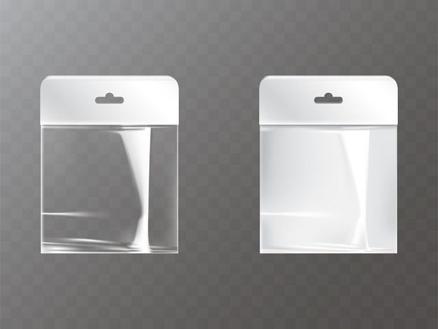 Sac de plastique ou de papier ziplock refermable transparent et blanc avec l'étiquette d'étiquette de trou de hang Vecteur gratuit