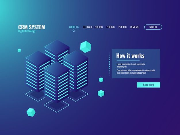 Salle du serveur, icône de stockage dans le cloud, centre de documentation, services d'hébergement, centre de données et base de données Vecteur gratuit