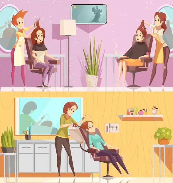 Salon de coiffure service 2 bannières horizontales rétro bande dessinée sertie de style coupe traitements de coloration isolés Vecteur gratuit