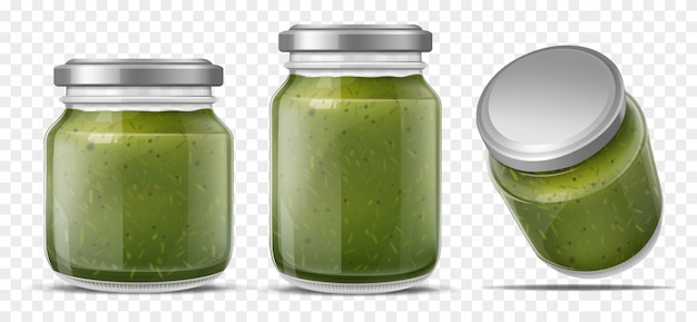 Sauce pesto dans des bocaux en verre set vector réaliste Vecteur gratuit