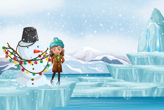 Scène Avec Bonhomme De Neige Et Petite Fille Vecteur gratuit