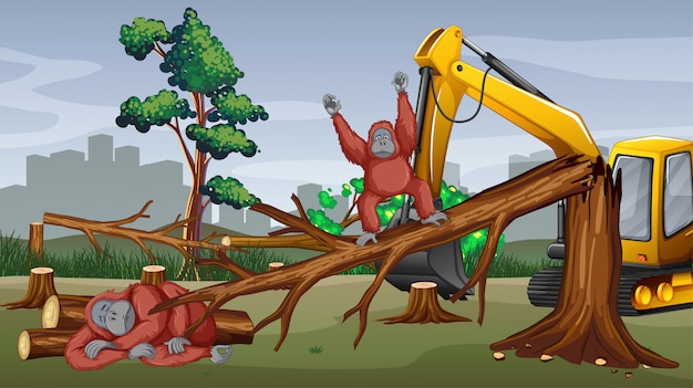 Scene De Deforestation Avec Tracteur Coupant Des Arbres Vecteur Gratuite
