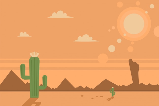 Scene De Desert Avec Cactus Et Soleil Paysage Plat De Dessin Anime De Vecteur Vecteur Premium