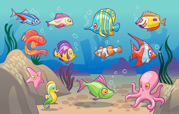 Scene Sous Marine Mignon Mer Poissons Tropicaux Ocean Animaux Sous Marins Fond Sous Marin Avec Coraux Algues Concept Enfants Vecteur Premium