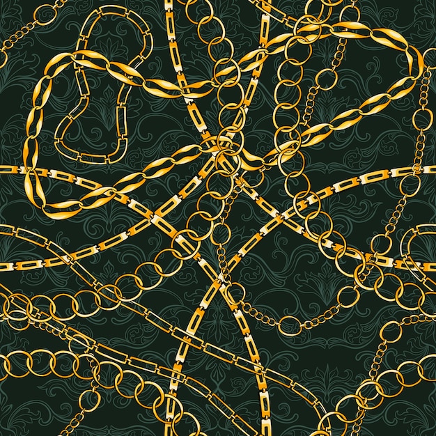 Seamless pattern avec des chaînes de bijoux vintage. accessoire en or pour la conception d'art de mode. déco tendance. Vecteur gratuit