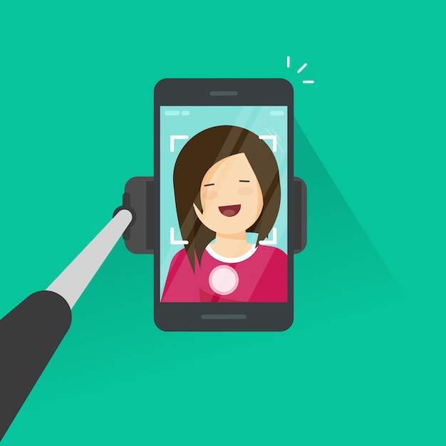 Selfie bâton et smartphone faire photo de vous-même illustration vectorielle, jeune fille heureuse de dessin animé plat avec téléphone portable faire photo libre Vecteur Premium