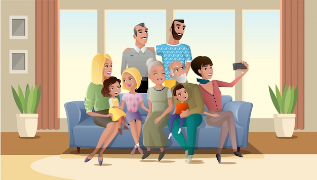 Selfie photo du vecteur grand dessin animé famille heureuse Vecteur Premium