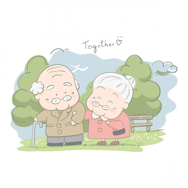 Senior couples marchant ensemble dans le parc Vecteur Premium