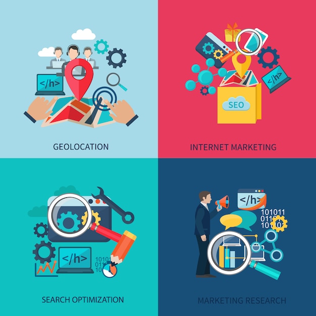 Seo concept de design marketing sertie de géolocalisation recherche optimisation icônes plats isolés illustration vectorielle Vecteur Premium