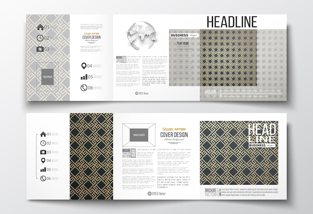 Série de brochures à trois volets, modèles de conception carrés. modèle d'or islamique Vecteur Premium