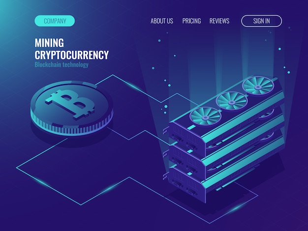 Serveur de ferme d'extraction de devises cryptographiques. blockchain isométrique, traitement de données volumineuses Vecteur gratuit