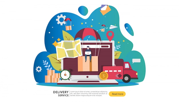 Service de livraison en ligne. concept de suivi de commande express avec minuscule personnage et camion de fret. Vecteur Premium