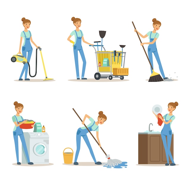 Service De Nettoyage Professionnel Femme De Ménage Fait Des Tâches Ménagères Vecteur Premium 