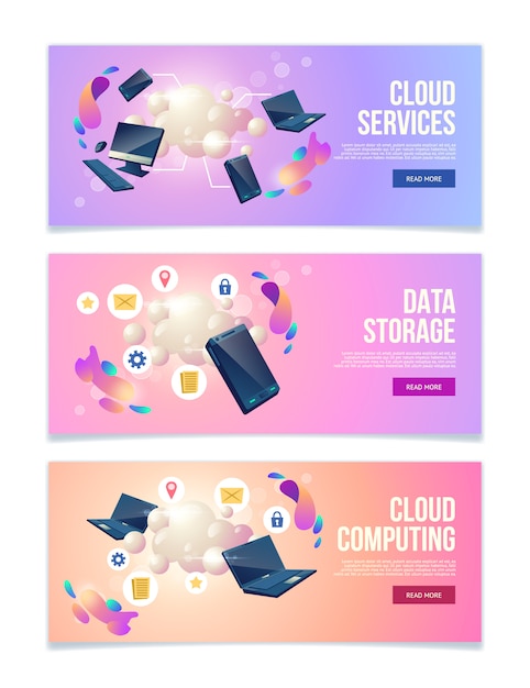 Services en ligne d'informatique en nuage et de stockage de données, bannières web de la société d'hébergement, ensemble de pages de destination Vecteur gratuit