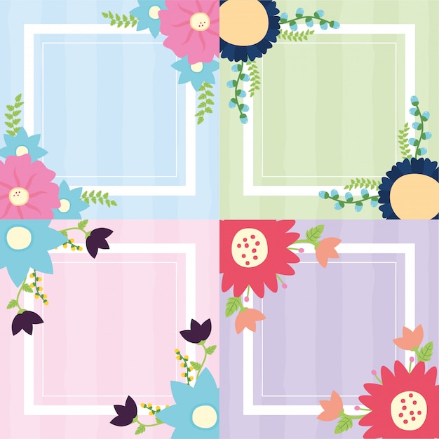 Set bannière fleurs cadre set o flowerss illustration bleu, vert, rose, violet Vecteur gratuit
