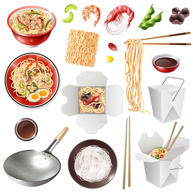 Set de nouilles chinoises réalistes Vecteur gratuit