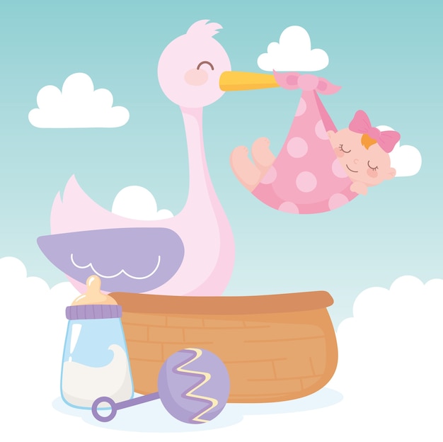 Shower De Bebe Cigogne Avec Hochet Petite Fille Et Panier Celebration Bienvenue Nouveau Ne Vecteur Premium