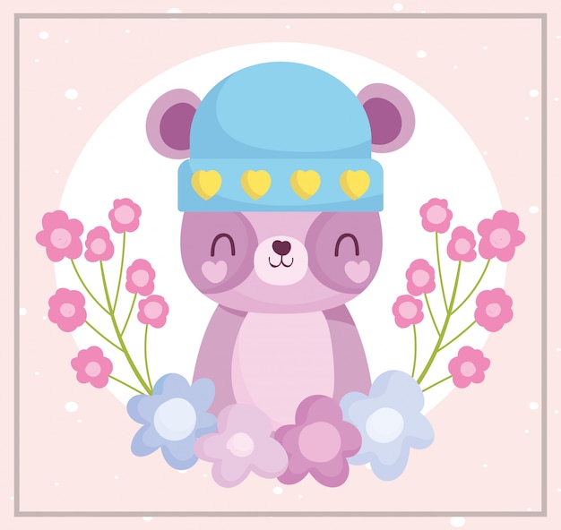 Shower De Bebe Mignon Ours En Peluche Avec Chapeau Et Dessin Anime De Decoration De Fleurs Annonce La Carte De Bienvenue Du Nouveau Ne Vecteur Premium