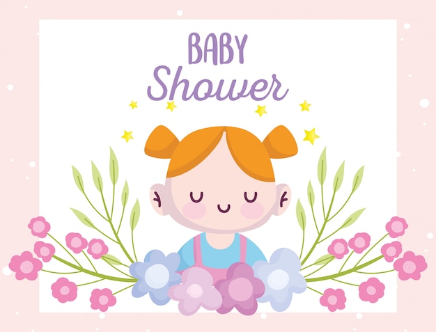 Shower De Bebe Petite Fille Mignonne Avec Dessin Anime De Decoration De Fleurs Annonce La Carte De Bienvenue Du Nouveau Ne Vecteur Premium