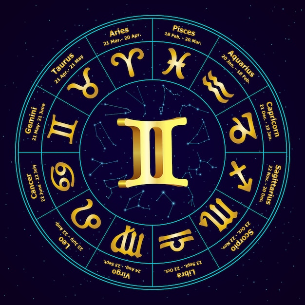  Signe  D or De Zodiac  Gemini  En Cercle Vecteur Premium
