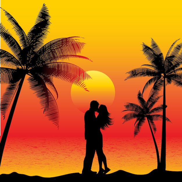 Silhouette D Un Couple S Embrassant Sur Une Plage Au Coucher Du Soleil