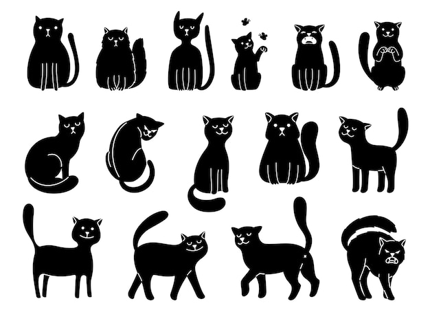 Silhouettes De Chats Sur Blanc Icones De Chat Elegant Drole De Bande Dessinee Curiosite Collection Animale Noire Illustration Vectorielle Isolee Sur Fond Blanc Vecteur Premium