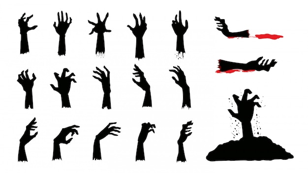 Silhouettes De Zombie Hands Dans Différentes Actions De La Collection. Vecteur Premium