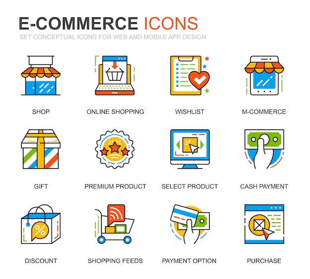 Simple set e-commerce et shopping line icons pour site web Vecteur Premium