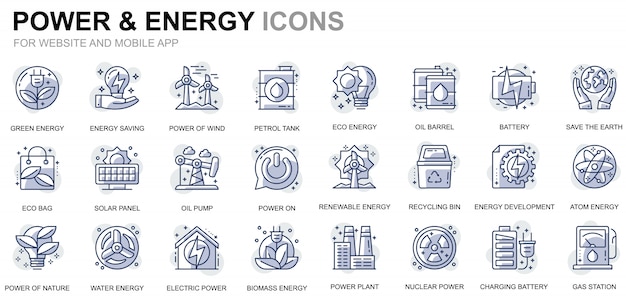 Simple set power industry et energy line icons pour sites web et applications mobiles Vecteur Premium