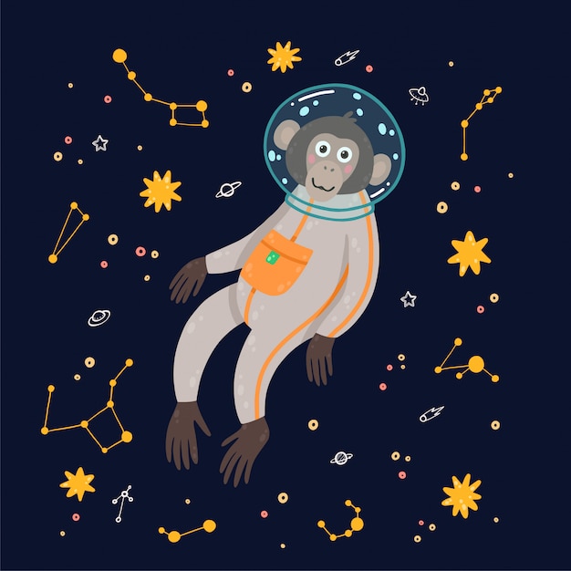 Singe mignon dans l'espace. singe dans le cosmos entouré d'étoiles. Vecteur Premium