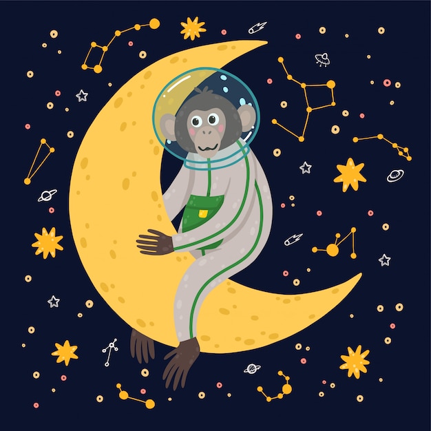Singe mignon dans l'espace. singe dans le cosmos entouré d'étoiles. Vecteur Premium
