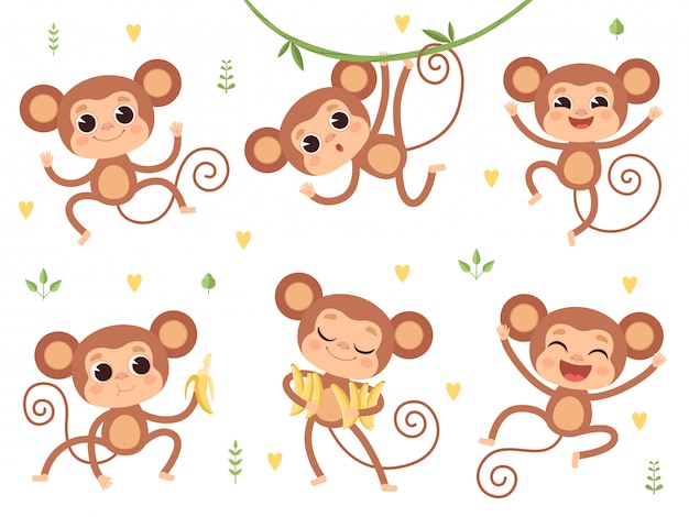 Singes Mignons Jungle Animaux Sauvages Bebe Petits Singes Jouant Des Personnages Dans Des Poses D Action Vecteur Premium