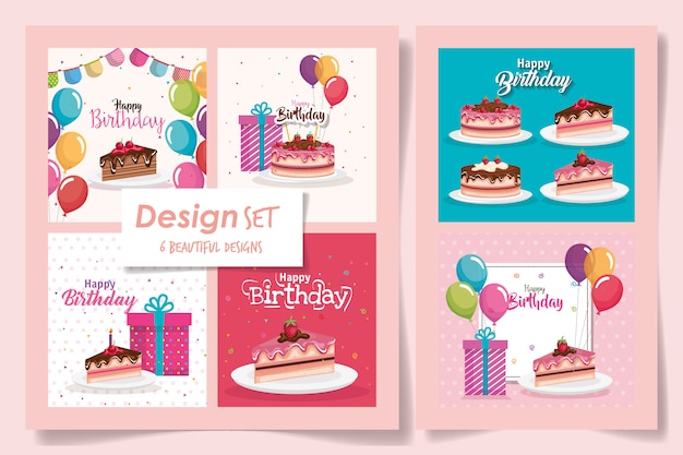 Six Cartes Joyeux Anniversaire Avec Une Cuisine Et Une Decoration Delicieuses Vecteur Premium