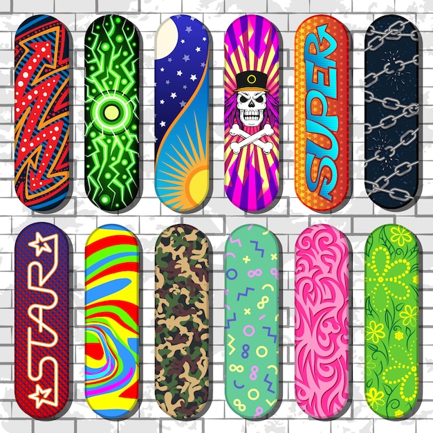 Skateboard Skateboarders Board Pour Skateboard Saute Sur Tremplin Dans Skatepark Set Illustration D Outils De Patinage Isole Sur Fond Vecteur Premium