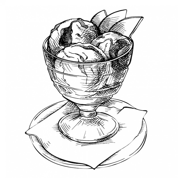Sketch Line Art Boules De Crème Glacée Dans Un Bol En Verre