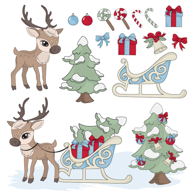 Sled deer nouvel an vector illustration set pour imprimer Vecteur Premium