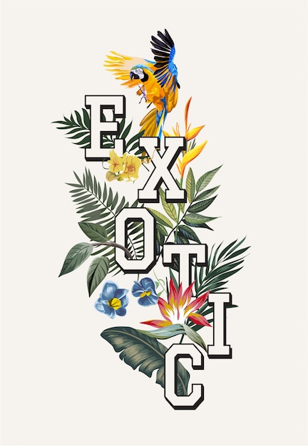 Slogan Exotique Avec Oiseau Ara Et Fleurs Tropicales