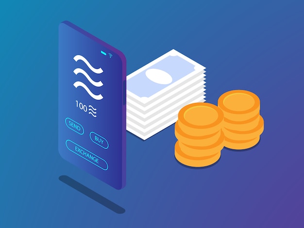 Smartphone mobile avec pièce de monnaie en application de crypto monnaie et illustration vectorielle d'empilement d'argent isométrique Vecteur Premium