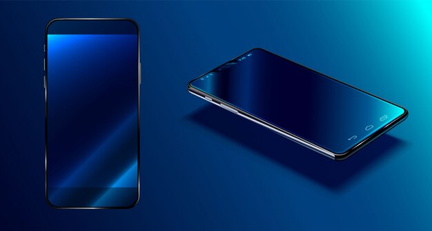 Smartphone moderne surface bleu foncé en vue en perspective avec réflexion, téléphone 3d réaliste Vecteur Premium