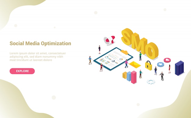Smo concept d'optimisation des médias sociaux avec moderne pour le modèle de site web ou page d'accueil d'atterrissage Vecteur Premium