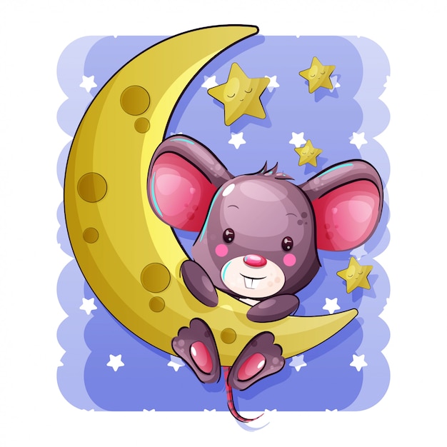 Souris Bebe Mignon Dessin Anime Accroche Sur La Lune Vecteur Premium