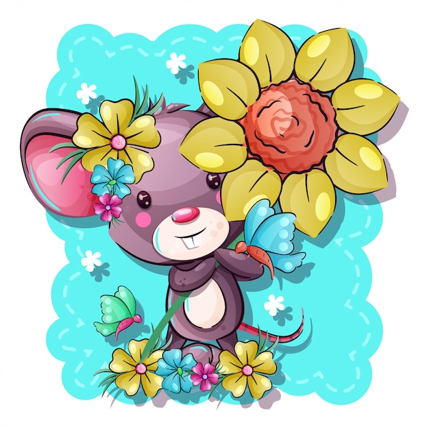 Souris Bebe Mignon Dessin Anime Avec Des Fleurs Vecteur Premium