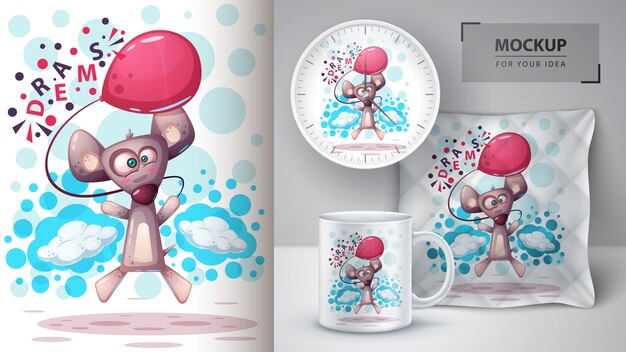 Souris volante, illustration de rat et merchandising Vecteur Premium
