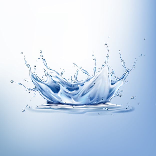 Splash sur la surface de l'eau 3d réaliste. couronne liquide bleue, mouvement figé avec des gouttelettes et des vagues Vecteur gratuit
