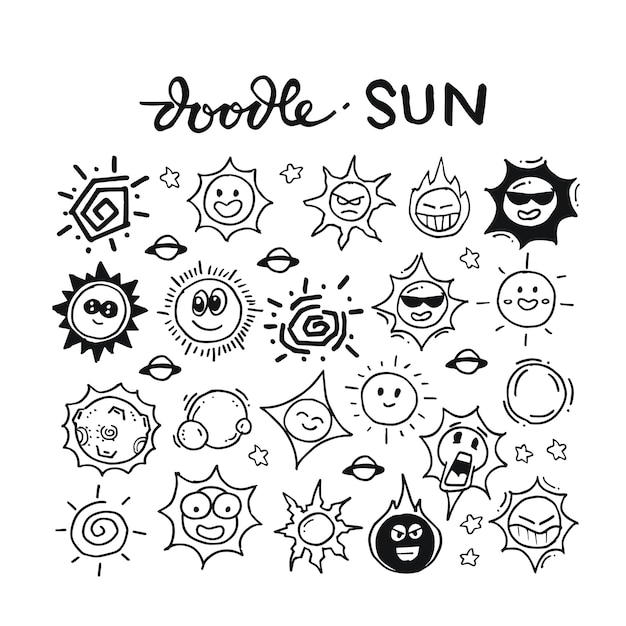 Sun Doodle Ensemble Dessine A La Main Vecteur Premium