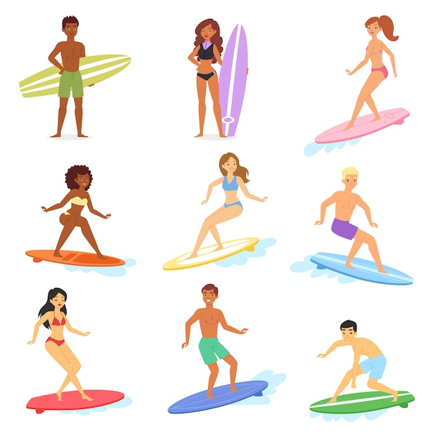 Surfeurs Surfant Dans L Ocean Et Homme Ou Femme Surfeur Caractere Sur Planche De Surf Illustration Ensemble De Dessin Anime Jeune Sportif Sur Wakeboard Sur Fond Blanc Vecteur Premium