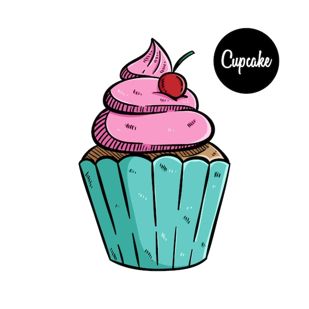 Sweet Cupcake Illustration Avec Art Dessine A La Main De Couleur Vecteur Premium