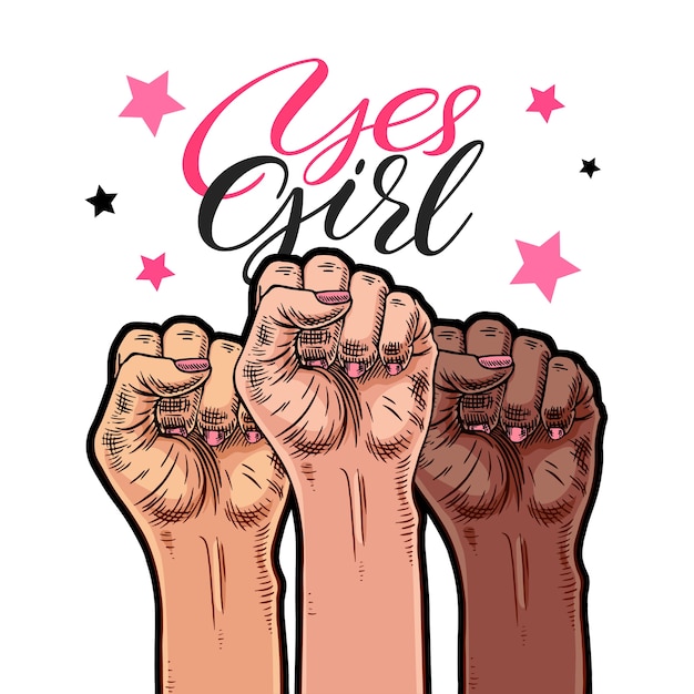 Symbole Du Mouvement Feministe Oui Fille Les Mains Des Femmes Avec Un Poing Leve Vecteur Premium